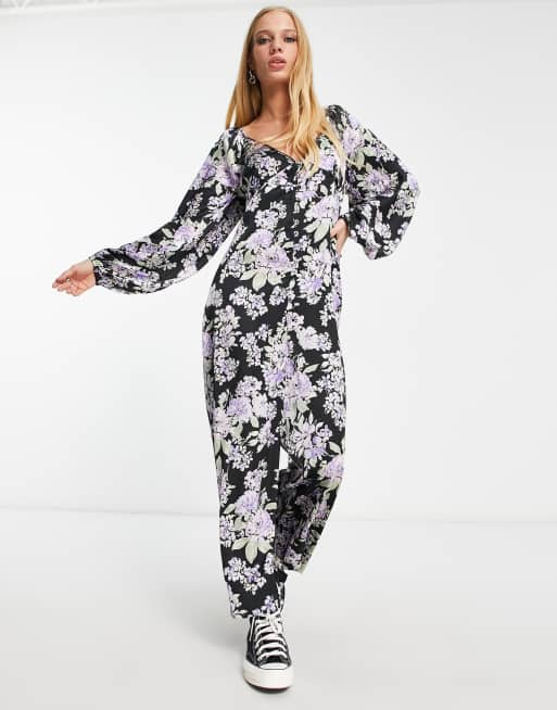 ASOS DESIGN button front tea jumpsuit with lace insert in dark floral ...