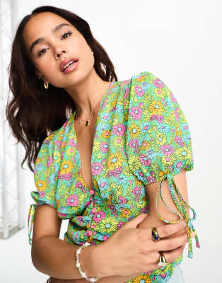 Asos Design Button Front Tee Blouse With Ruched Waist In Bright Daisy Floral Print-Multi