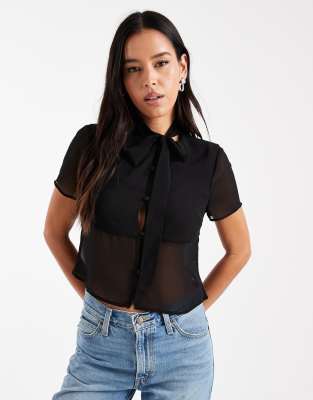 Asos Design Button Front Tie Neck Sheer Top In Black