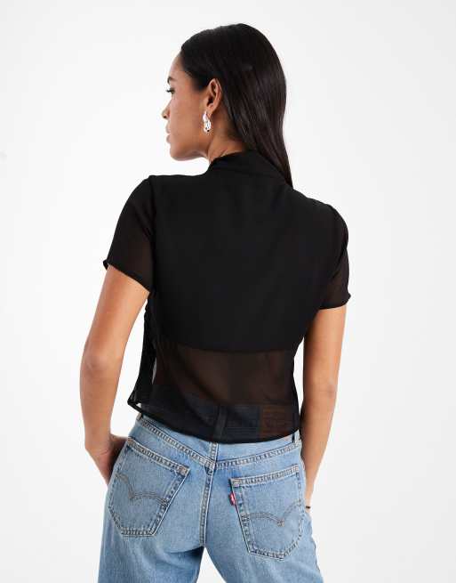 ASOS DESIGN button front tie neck sheer top in black, 2 of 4