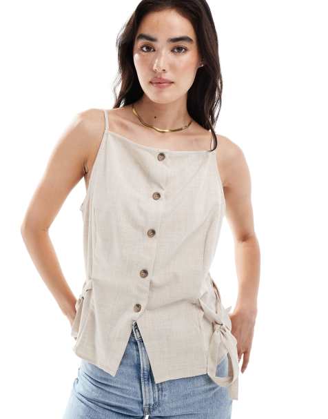ASOS DESIGN button front tie side cami in linen look stripe - view 1