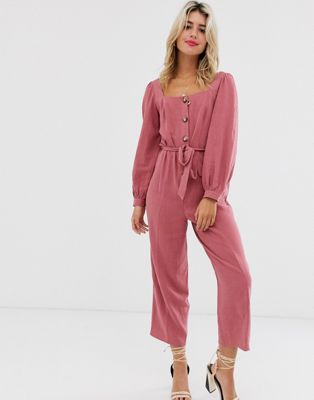 ASOS DESIGN button front tie waist puff sleeve jumpsuit with long ...