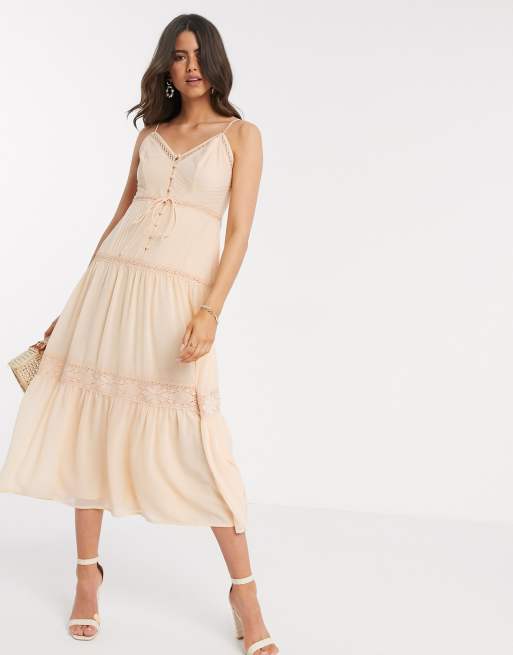 ASOS DESIGN button front tiered midi cami dress with lace insert in peach