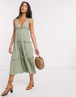 asos design button through tiered midi broderie dress