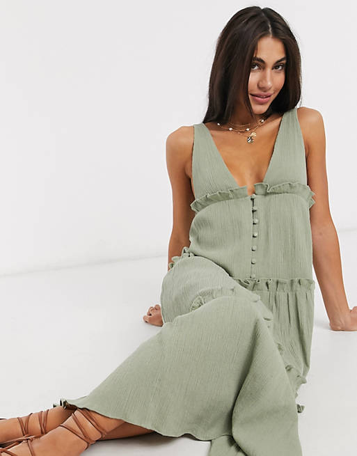  button front tiered midi sundress in textured crinkle in khaki 
