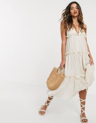 asos design button through tiered midi broderie dress