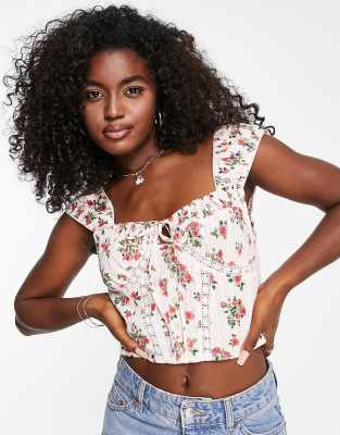 Asos Design Button Front Top With Lace Insert Detail And Ruched Capped Sleeve In Floral Print-multi