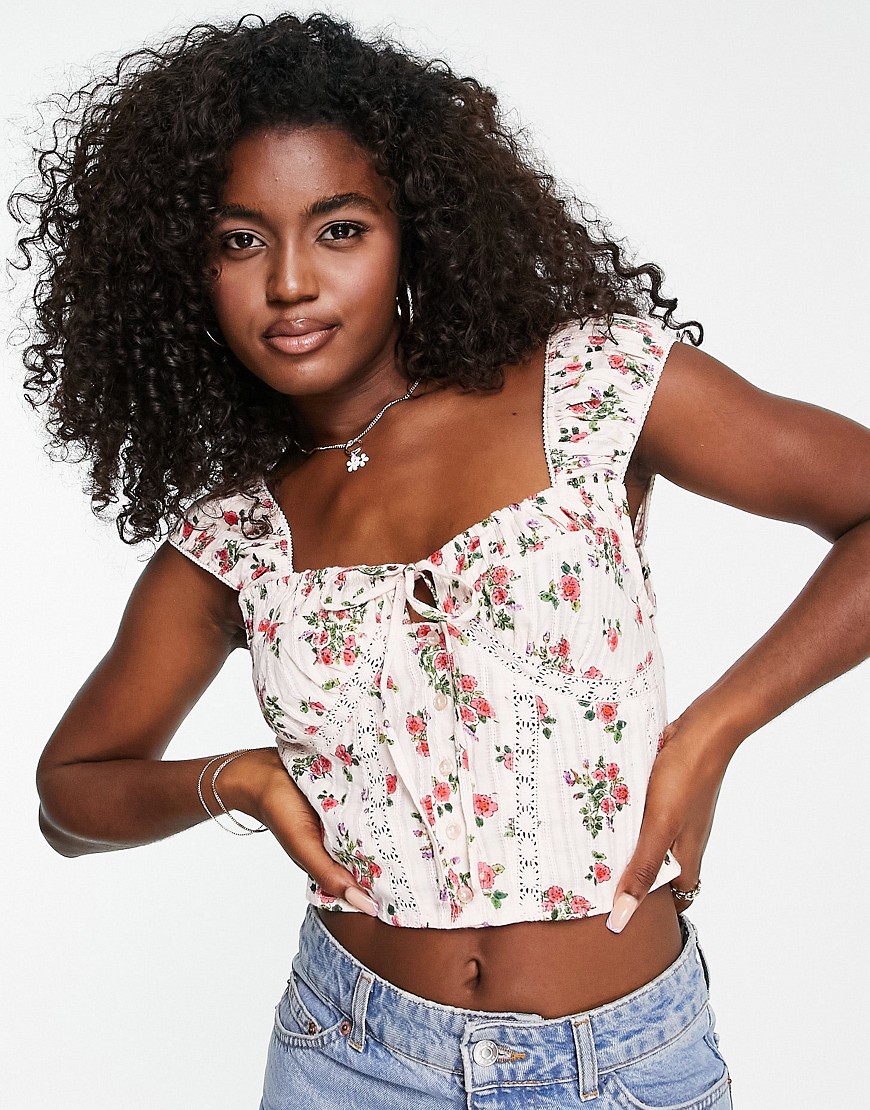 ASOS DESIGN button front top with lace insert detail and ruched capped sleeve in floral print-Multi