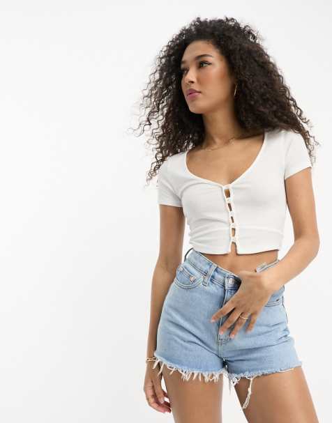 ASOS DESIGN button front v neck baby tee in rib in white 