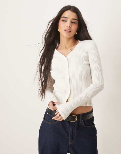 ASOS DESIGN button front v neck cardigan with frill in rib in cream