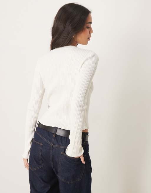 ASOS DESIGN button front v neck cardigan with frill in rib in cream