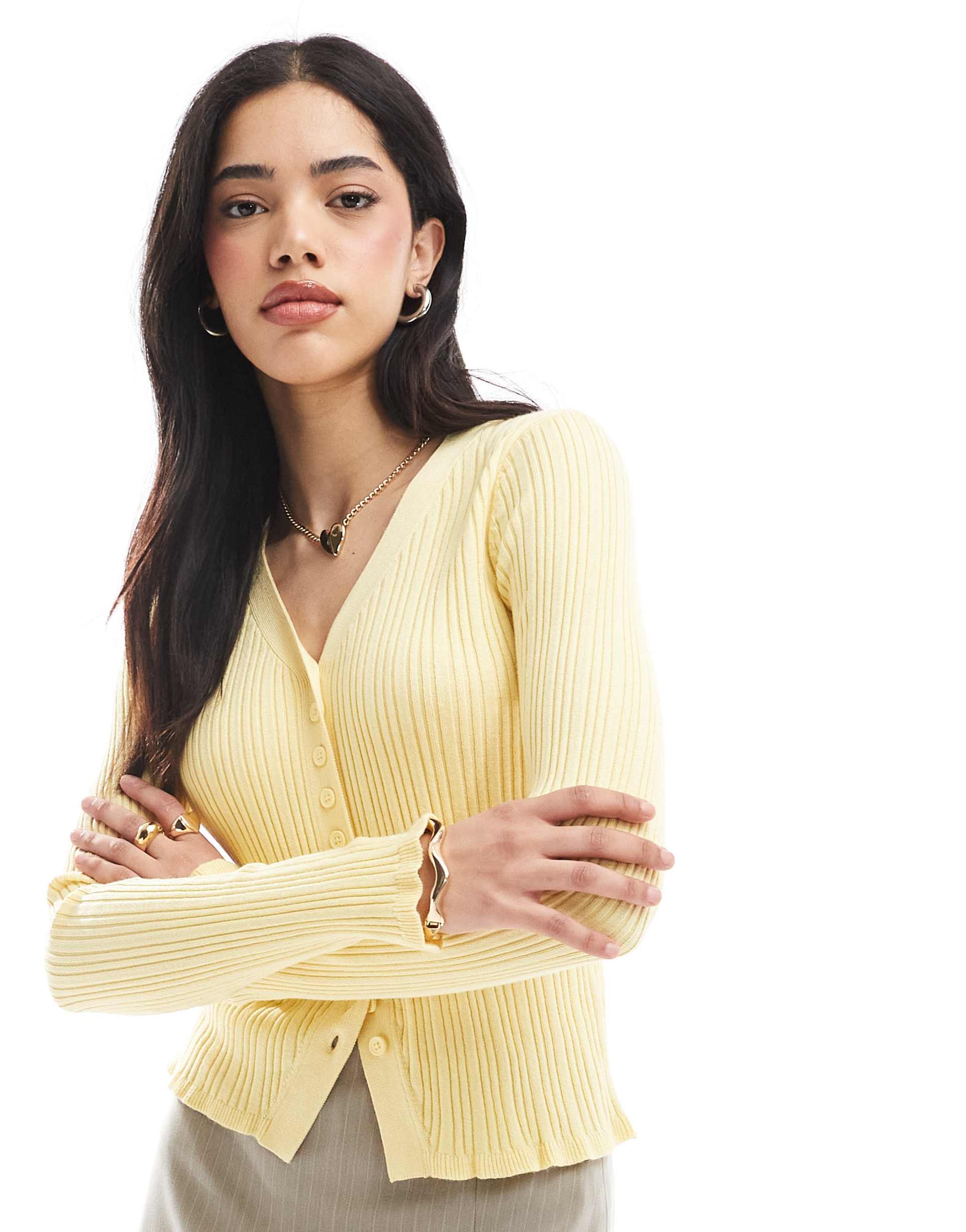asos design button front v-neck cardigan with ruffle in rib in lemon