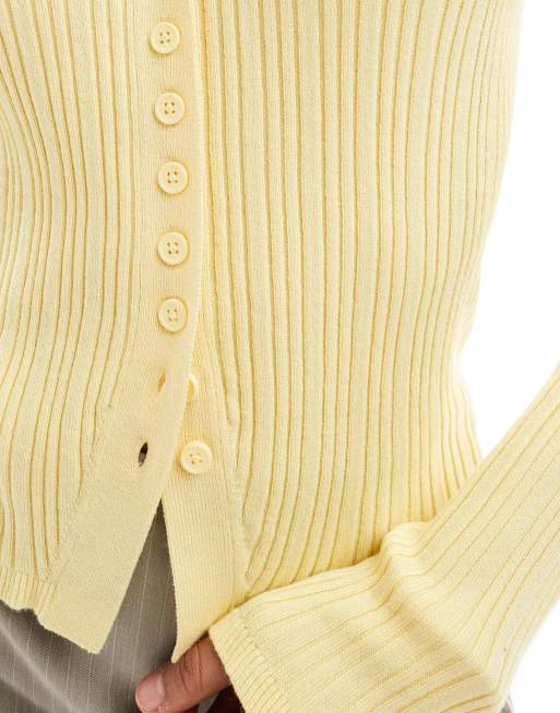 ASOS DESIGN button front v neck cardigan with frill in rib in lemon