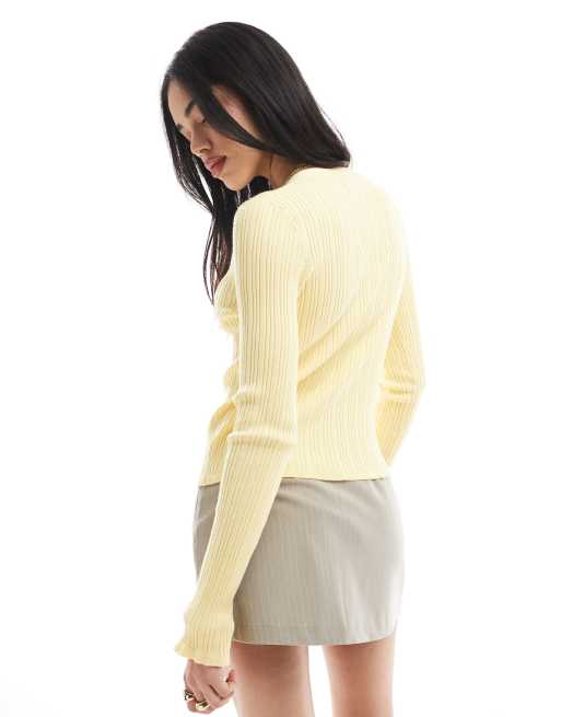 ASOS DESIGN button front v neck cardigan with frill in rib in lemon