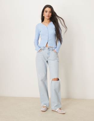 Asos Design Button Front V Neck Ribbed Cardigan With Frill