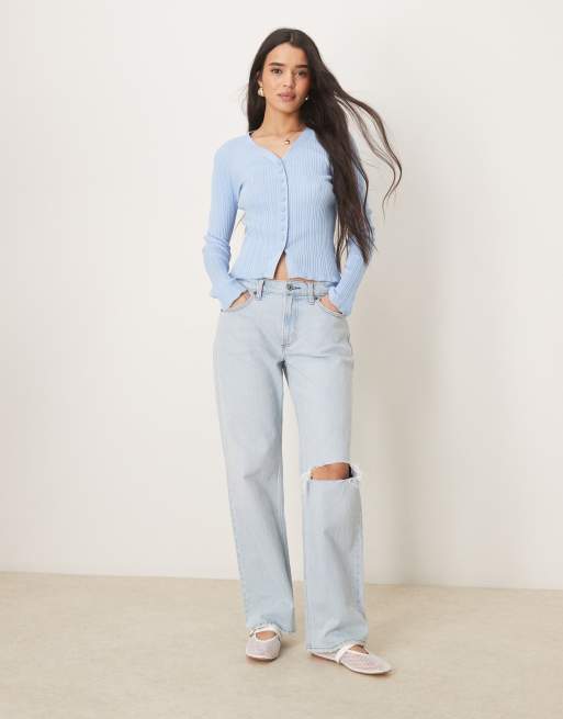 ASOS DESIGN button front v neck ribbed cardigan with frill in light blue