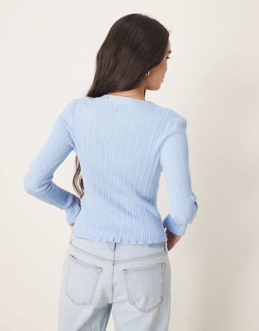 ASOS DESIGN button front v neck ribbed cardigan with frill in light blue