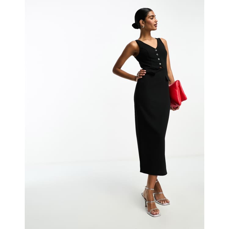 ASOS DESIGN button front vest midi dress in black