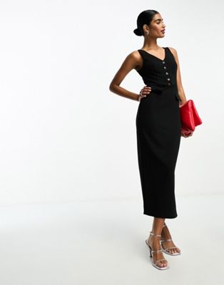 ASOS DESIGN button front waistcoat midi dress in black