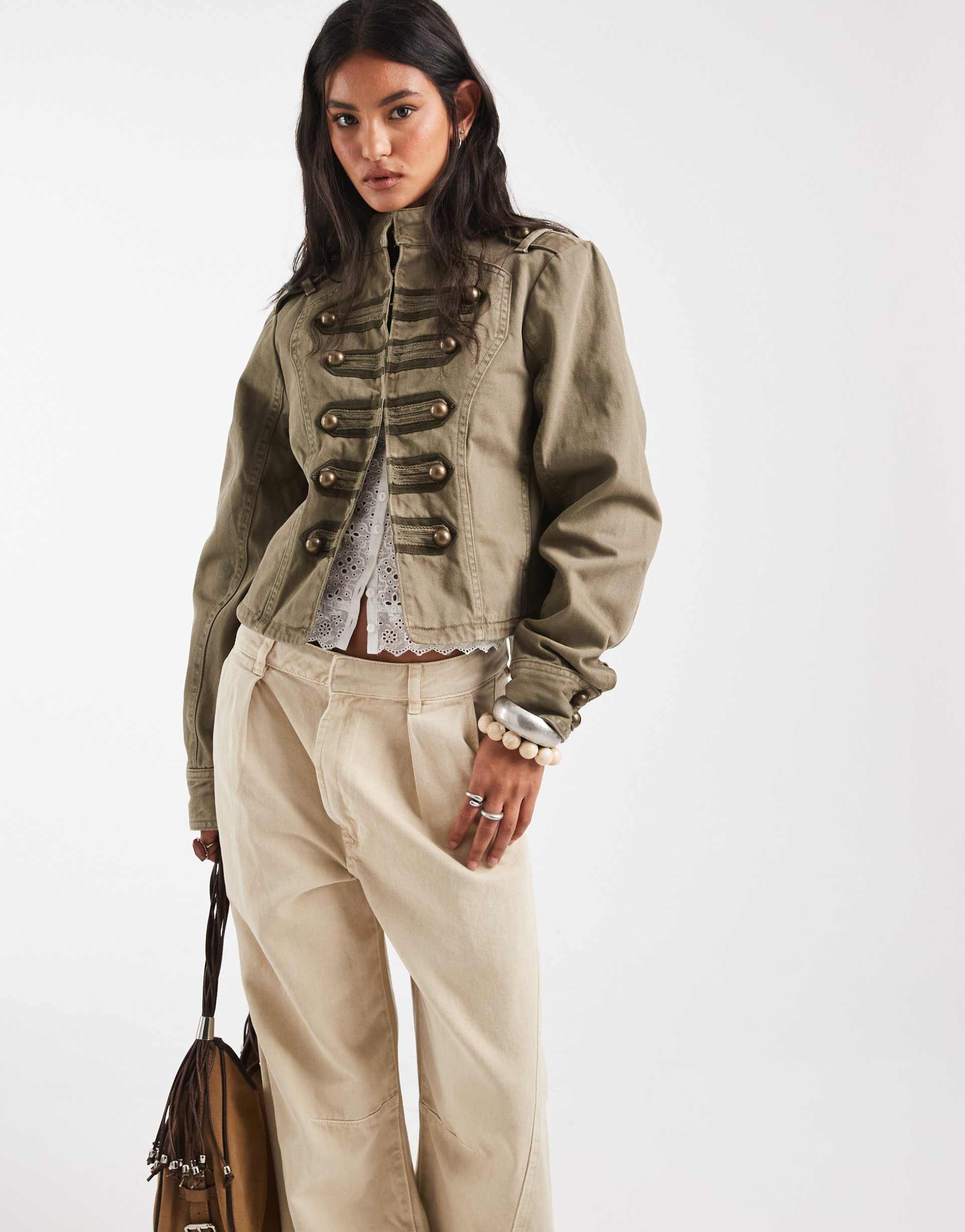 asos design button front washed utility jacket in khaki