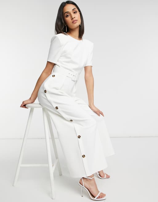 ASOS DESIGN button leg belted jumpsuit in crepe in ivory