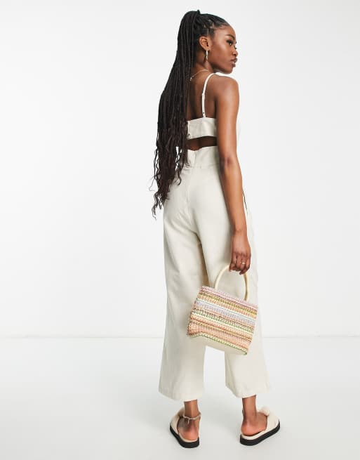 ASOS DESIGN bandeau linen look jumpsuit with detachable straps in oatmeal