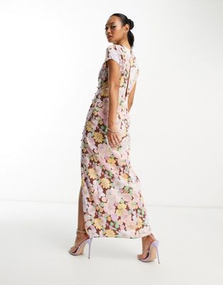 Asos Design Button Side Detail Satin Midi Tea Dress In Bold Floral Print-multi