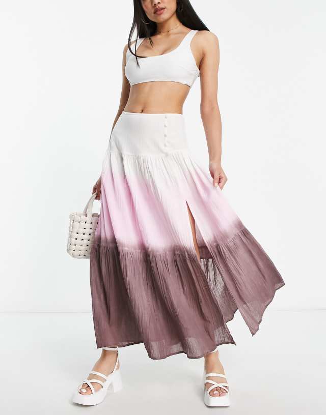 ASOS DESIGN button side floaty maxi skirt with high slit in ombre