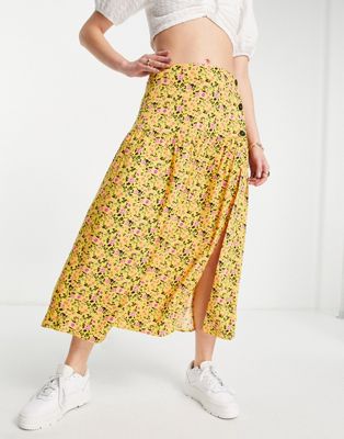 ASOS DESIGN button side midi skirt in yellow ditsy floral - ASOS Price Checker