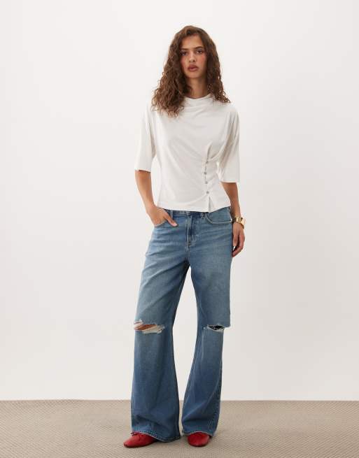 ASOS DESIGN Button sinched waist cupro t.shirt in ecru, 3 of 4