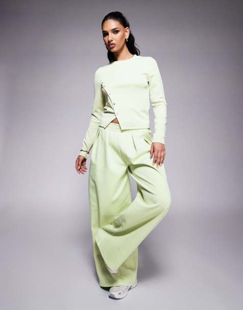ASOS DESIGN button split hem long sleeve and trouser cupro top in green - view 1