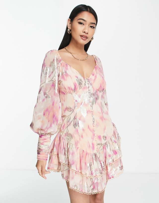 ASOS DESIGN button through babydoll mini dress in pink metallic jacquard