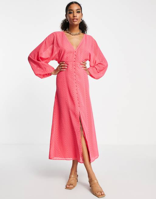 ASOS DESIGN button through batwing sleeve midi dress in chevron dobby in bright pink