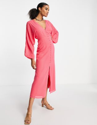 asos design pleated batwing midi dress in chevron dobby ASOS DESIGN button through batwing sleeve midi dress in chevron dobby in  bright pink