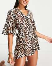 ASOS DESIGN satin wrap beach kimono in mixed animal print