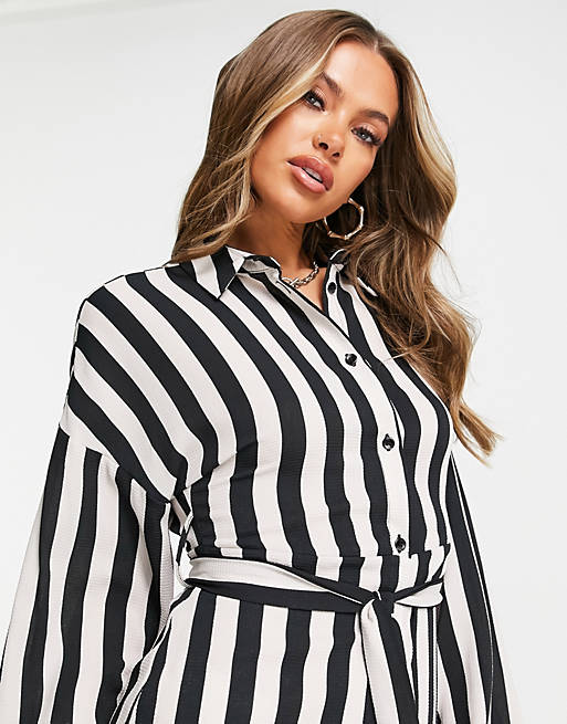  button through belted mini shirt dress in stripe 