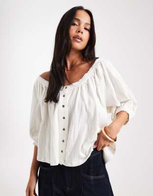 Asos Design Button Through Blouson Sleeve Broderie Top-white