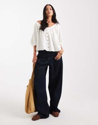 Asos Design Button Through Blouson Sleeve Broderie Top-white In White