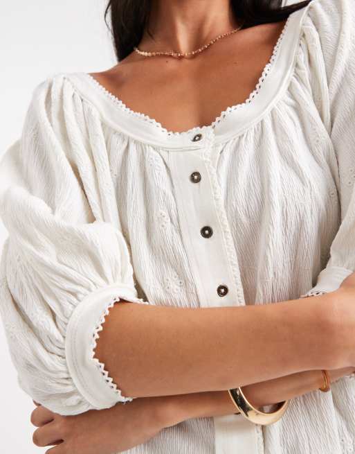 ASOS DESIGN button through blouson sleeve broderie top