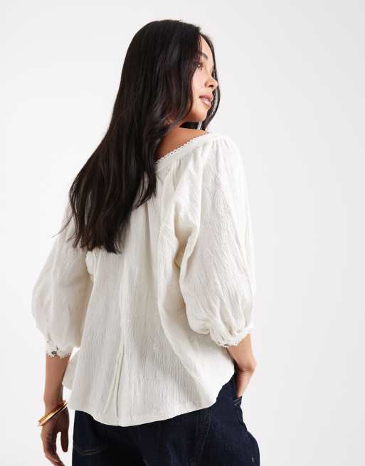 ASOS DESIGN button through blouson sleeve broderie top