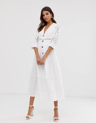 white button through midi dress