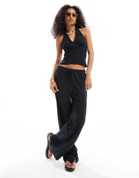 ASOS DESIGN button through broderie tank, halter top and trouser co ord in black - view 1