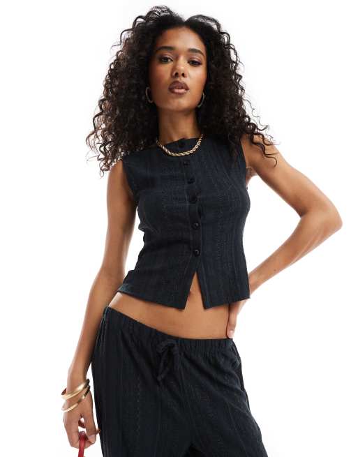 ASOS DESIGN button through broderie tank in black (part of a set)