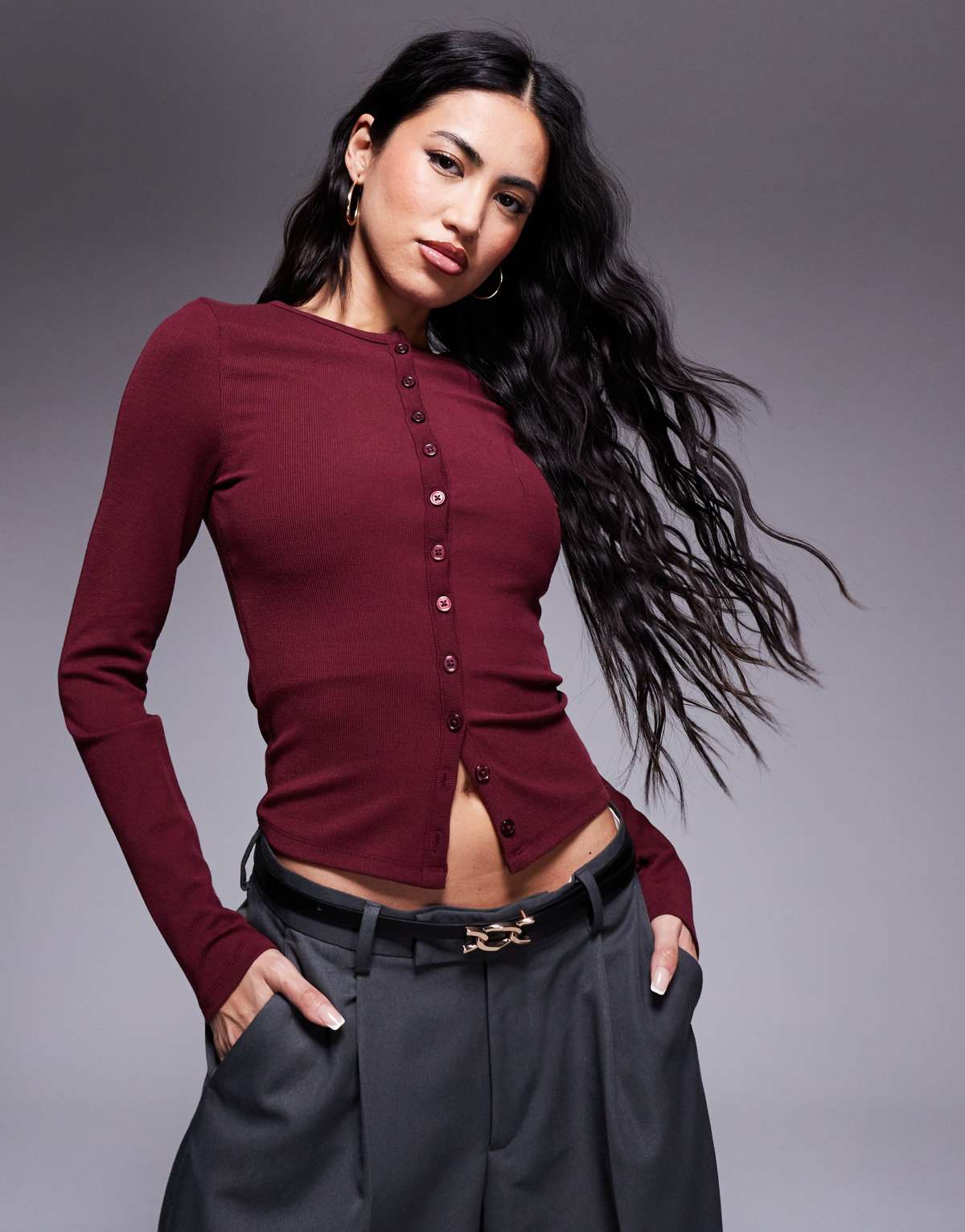 ASOS DESIGN button through cardigan in rib in burgundy