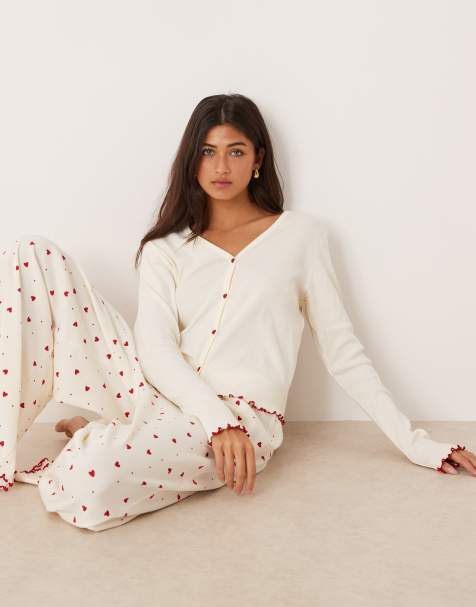 ASOS DESIGN button through cardigan & pants pyjama set in heart print - view 1