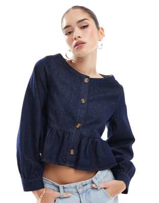 ASOS DESIGN button through collarless shirt in indigo-Blue