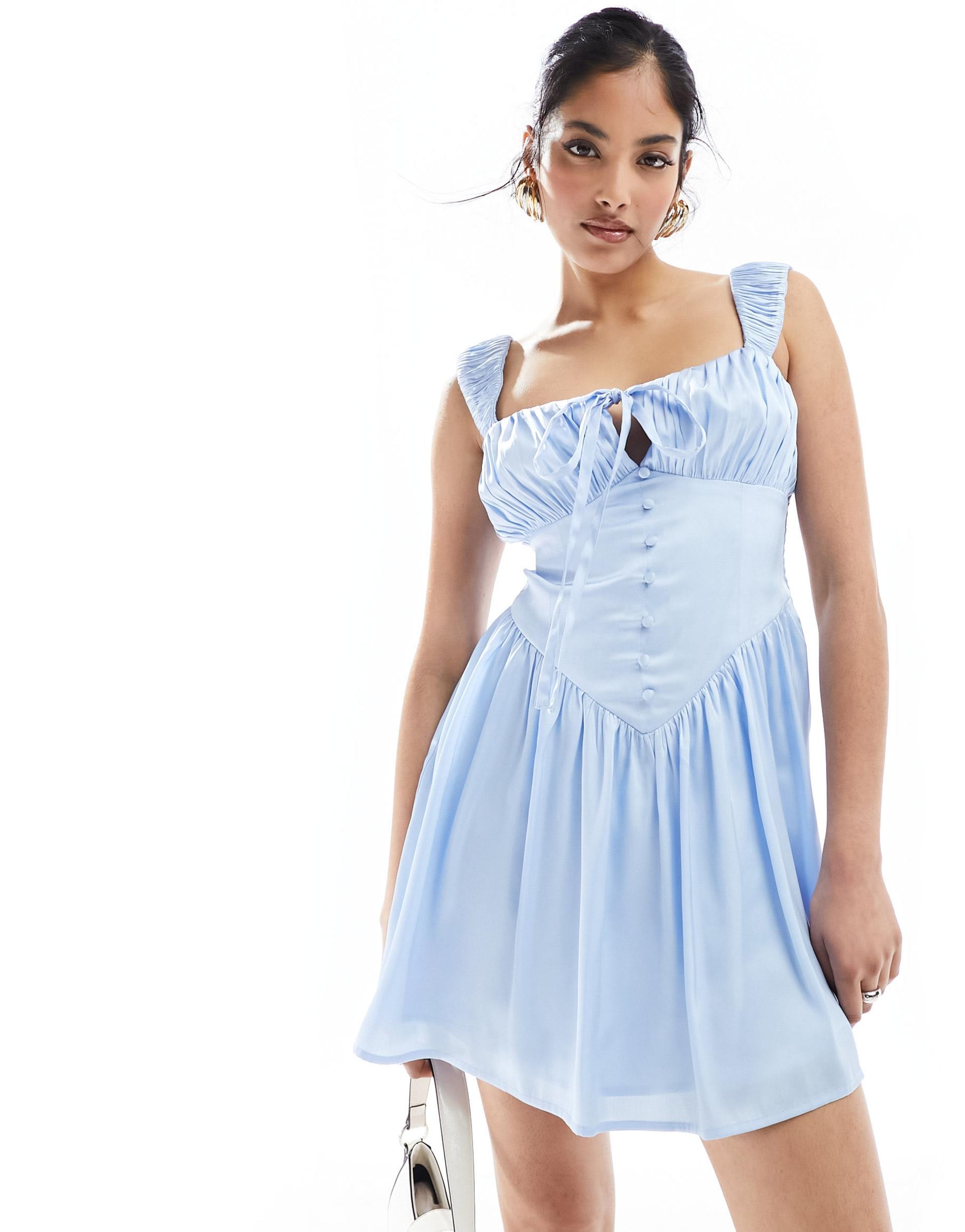 asos design button through corset satin mini with gathered bust in light blue