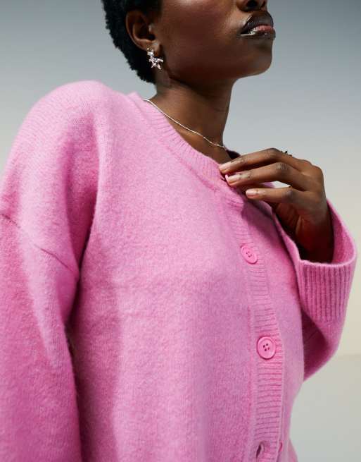 ASOS DESIGN button through crew neck cardigan in pink