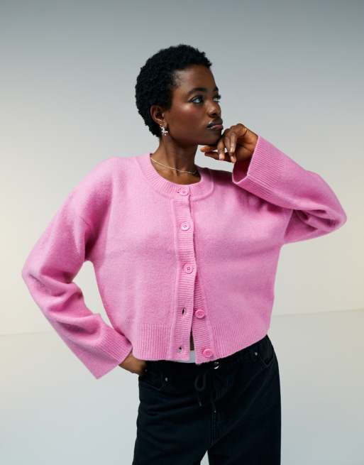 ASOS DESIGN button through crew neck cardigan in pink