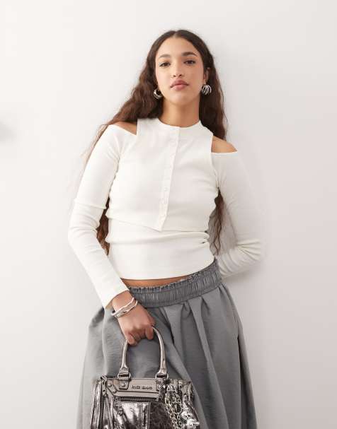 ASOS DESIGN button through double layer cut out top in ecru - view 1